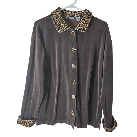 VTG Bold Spirit Animal Print Button Down Top Medium Classic Fran Fine Espresso - Picture 1 of 6